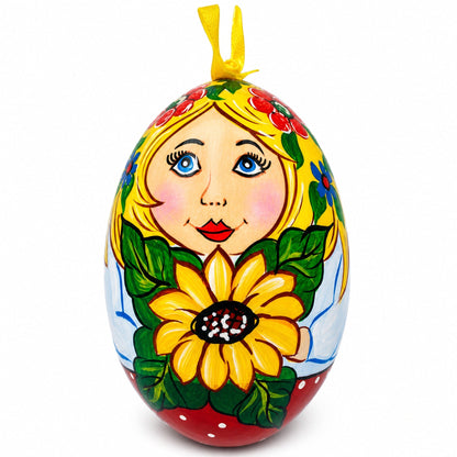 Doll with Sunflower Wooden Egg Ornament 3 Inches