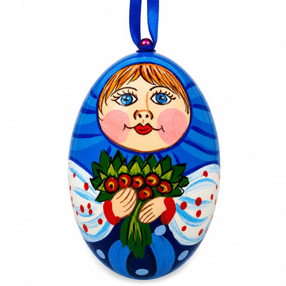 Doll with Flower Bouquet Wooden Egg Ornament 3 Inches