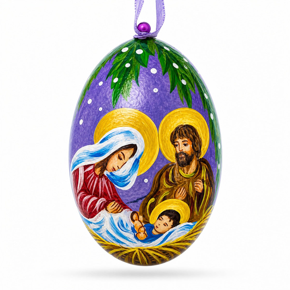 Mary and Joseph Overlooking Jesus Wooden Christmas Ornament 3 Inches