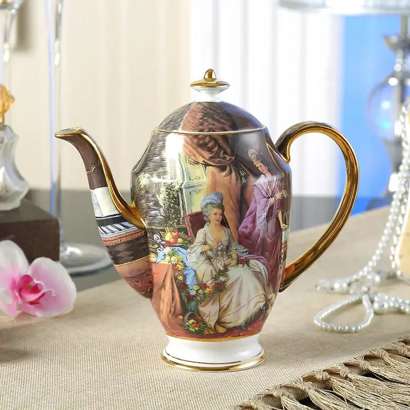 Ornate 18th century scene bone china tea pot dining room porcelain
