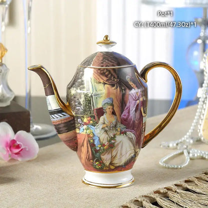 Ornate 18th century scene bone china tea pot dining room porcelain
