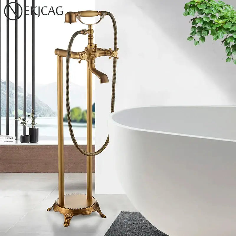 Ornate antique brass freestanding bathtub filler with handshower bathroom
