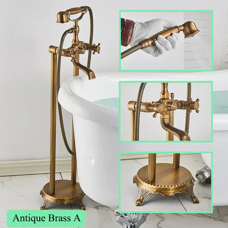 Ornate antique brass freestanding bathtub filler with handshower bathroom