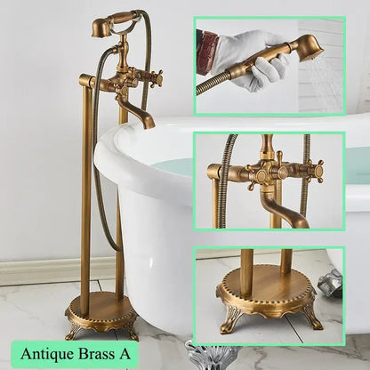 Ornate antique brass freestanding bathtub filler with handshower bathroom