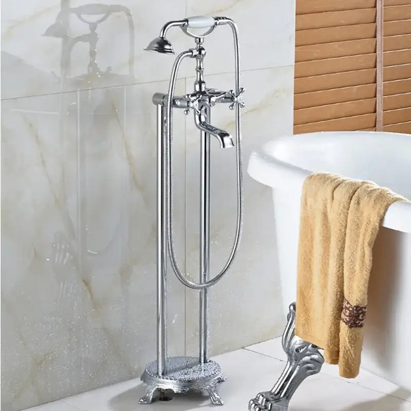 Ornate antique brass freestanding bathtub filler with handshower bathroom