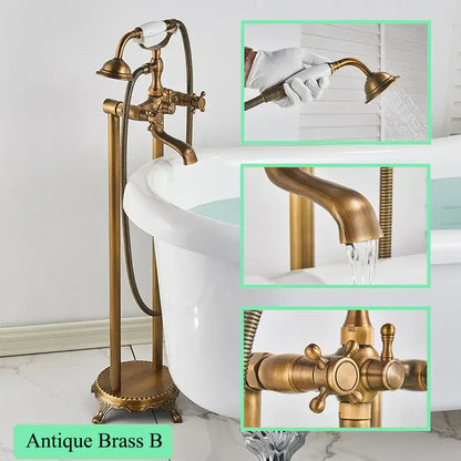Ornate antique brass freestanding bathtub filler with handshower bathroom