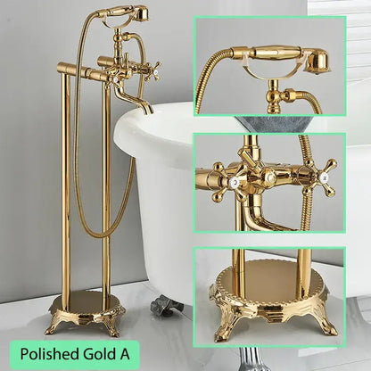 Ornate antique brass freestanding bathtub filler with handshower bathroom