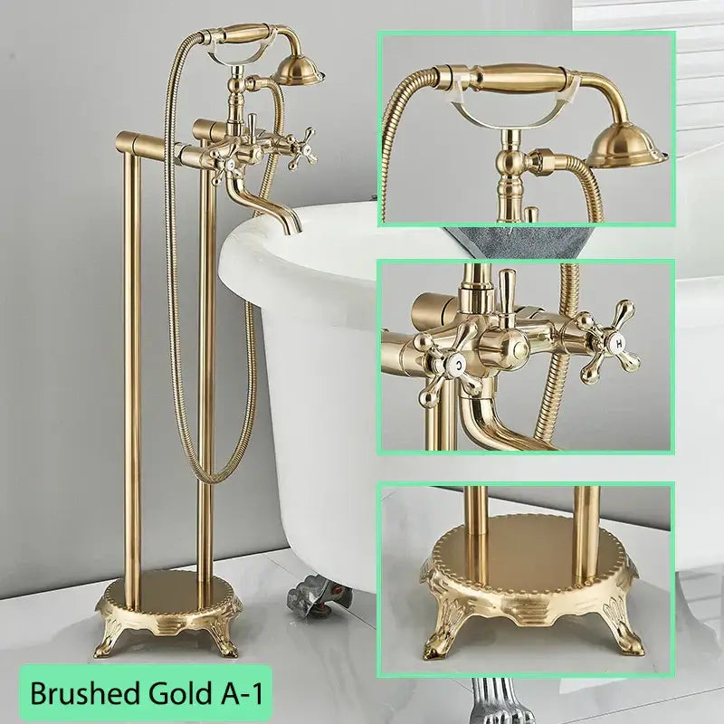 Ornate antique brass freestanding bathtub filler with handshower bathroom