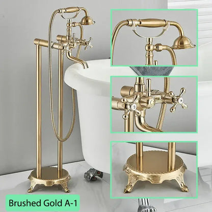 Ornate antique brass freestanding bathtub filler with handshower bathroom