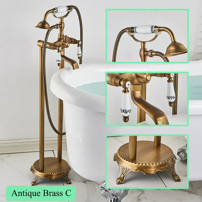 Ornate antique brass freestanding bathtub filler with handshower bathroom