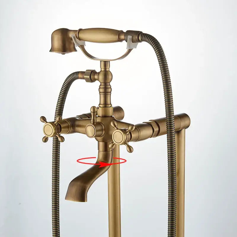 Ornate antique brass freestanding bathtub filler with handshower bathroom