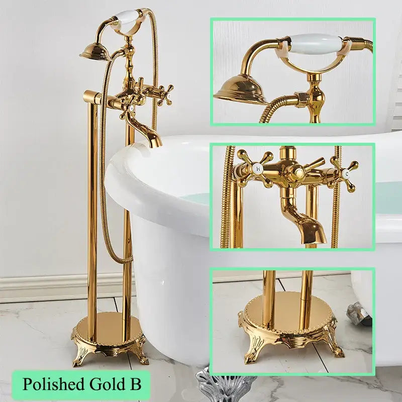 Ornate antique brass freestanding bathtub filler with handshower bathroom