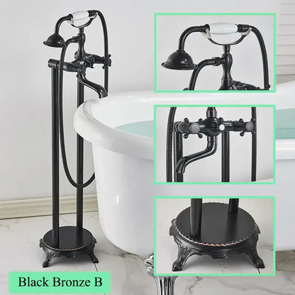 Ornate antique brass freestanding bathtub filler with handshower bathroom