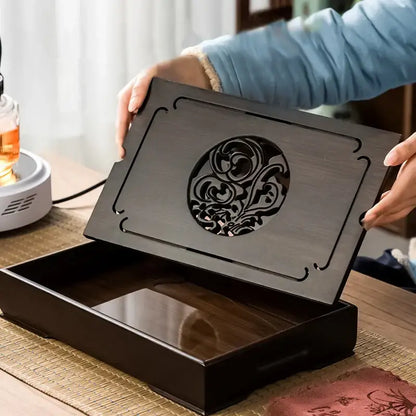 Ornate black bamboo tea tray dining room water storage drainage