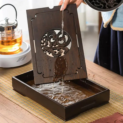 Ornate black bamboo tea tray dining room water storage drainage