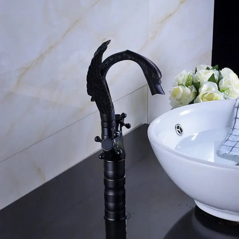 Ornate black bronze swan basin faucet dual cross handle bathroom mixer