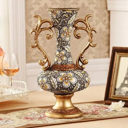 Ornate black & gold resin vase dried flowers – living room decor