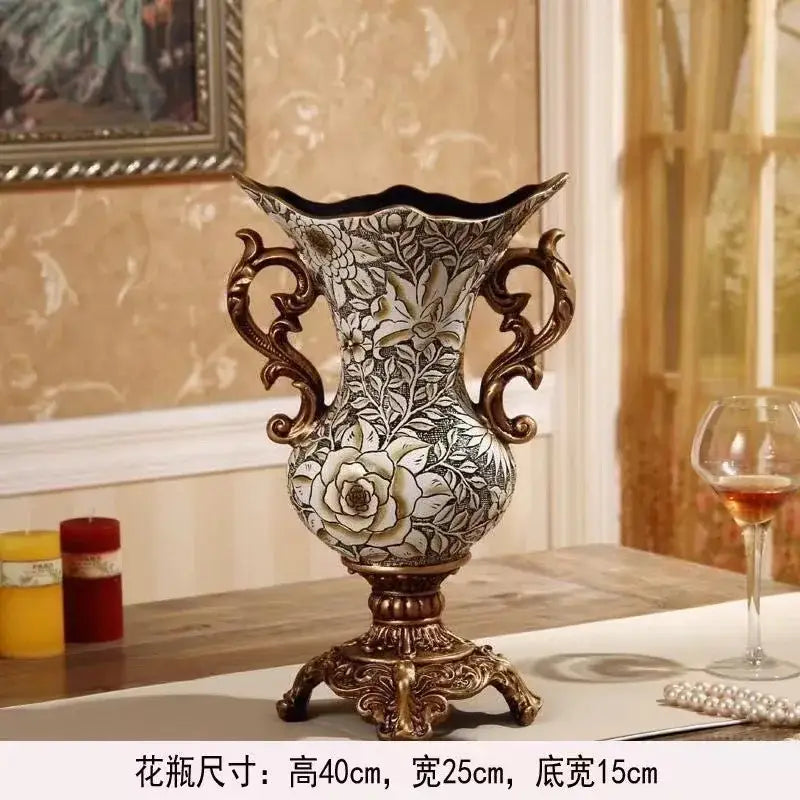 Ornate black & gold resin vase dried flowers – living room decor