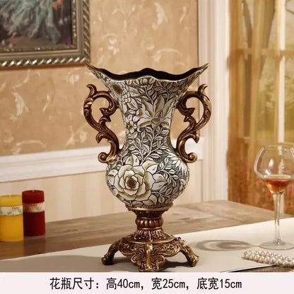 Ornate black & gold resin vase dried flowers – living room decor