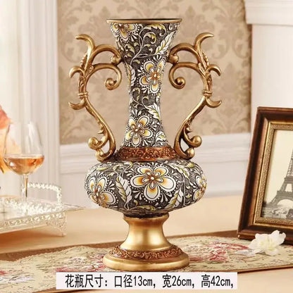Ornate black & gold resin vase dried flowers – living room decor