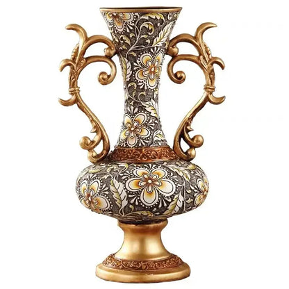 Ornate black & gold resin vase dried flowers – living room decor