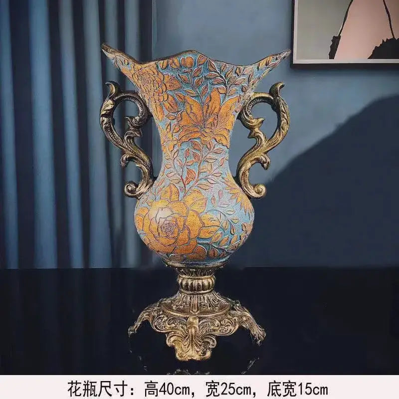 Ornate black & gold resin vase dried flowers – living room decor