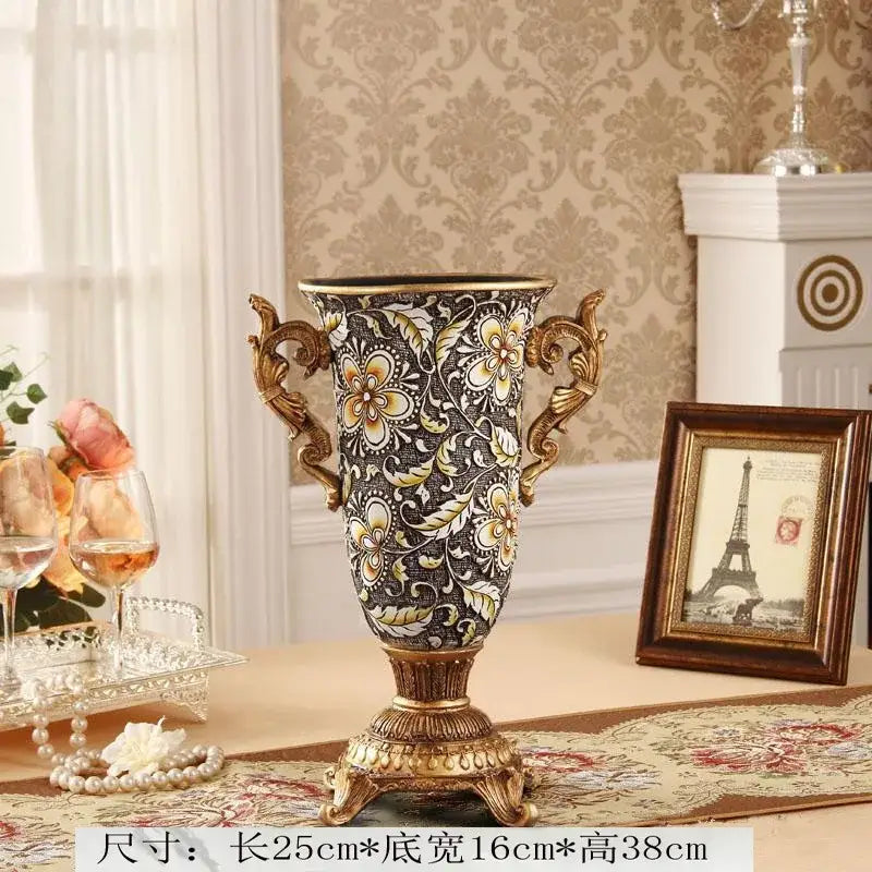 Ornate black & gold resin vase dried flowers – living room decor