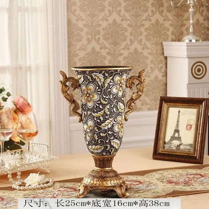 Ornate black & gold resin vase dried flowers – living room decor