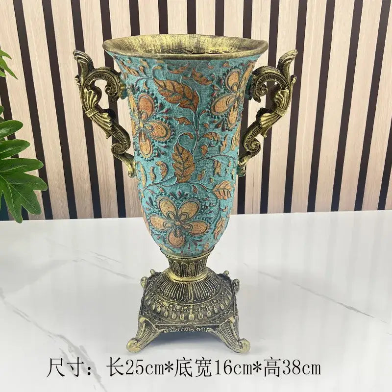 Ornate black & gold resin vase dried flowers – living room decor