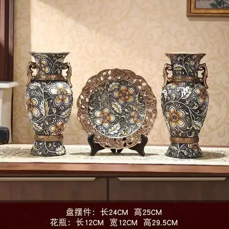Ornate black & gold resin vase dried flowers – living room decor