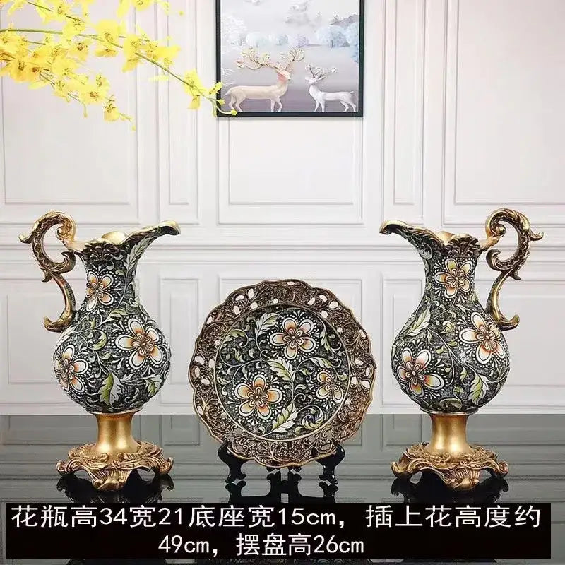 Ornate black & gold resin vase dried flowers – living room decor