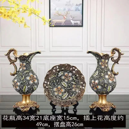 Ornate black & gold resin vase dried flowers – living room decor