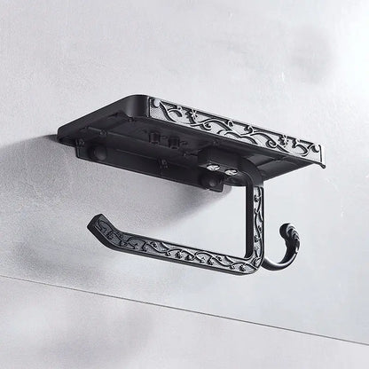 Ornate black metal toilet paper holder with phone shelf bathroom storage