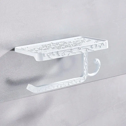 Ornate black metal toilet paper holder with phone shelf bathroom storage