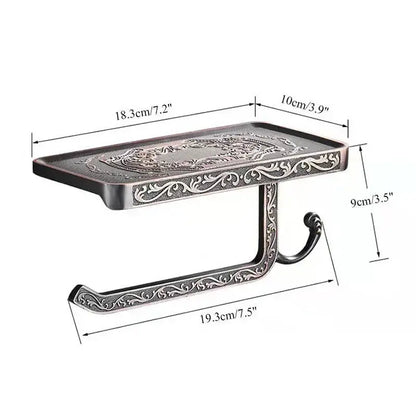 Ornate black metal toilet paper holder with phone shelf bathroom storage