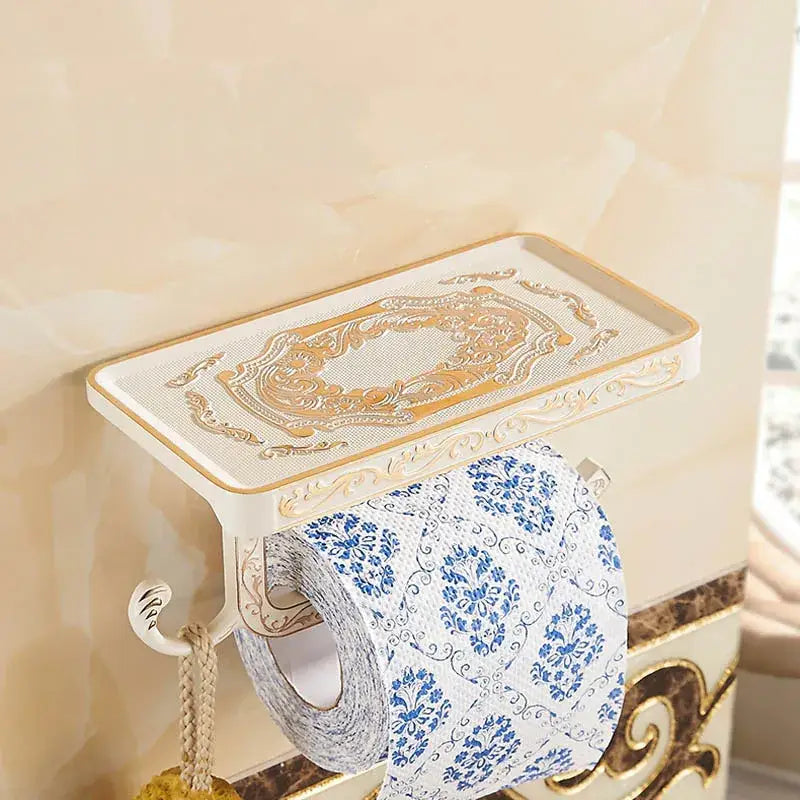 Ornate black metal toilet paper holder with phone shelf bathroom storage