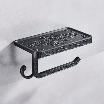 Ornate black metal toilet paper holder with phone shelf bathroom storage