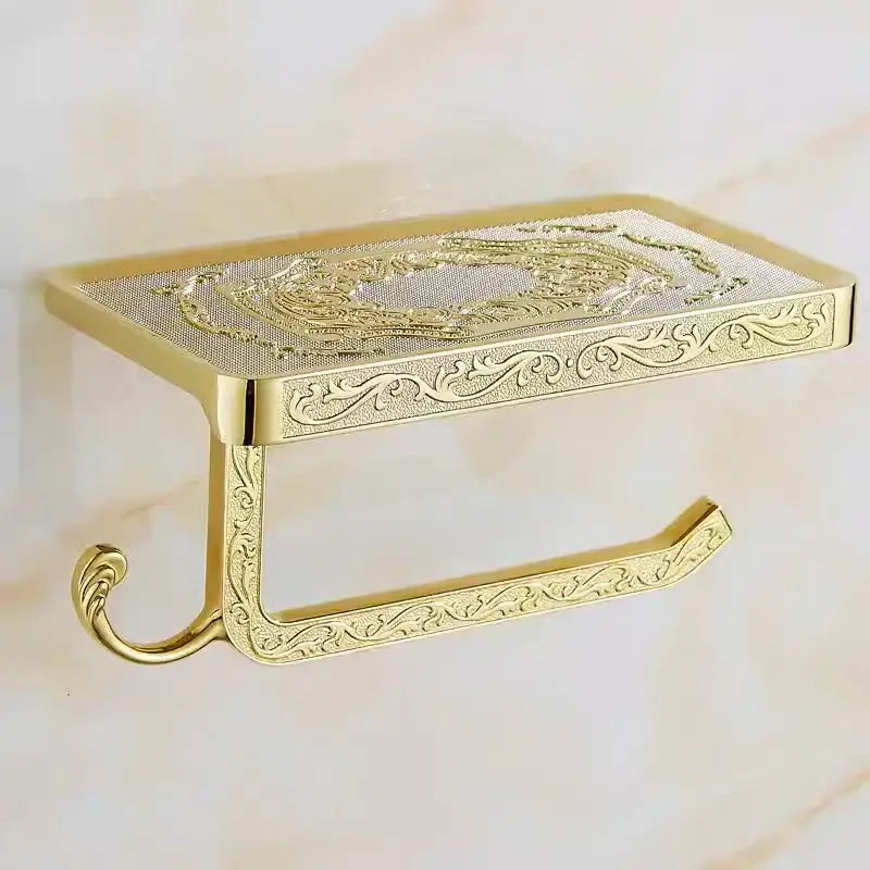Ornate black metal toilet paper holder with phone shelf bathroom storage