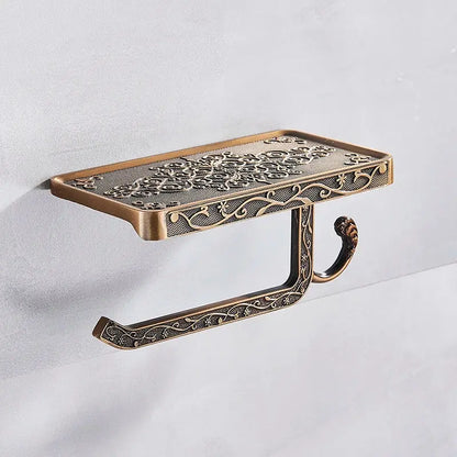 Ornate black metal toilet paper holder with phone shelf bathroom storage