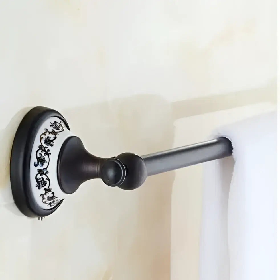 Ornate black & white bathroom accessories set wrought iron towel rack