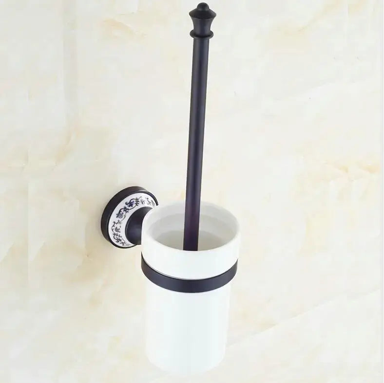 Ornate black & white bathroom accessories set wrought iron towel rack