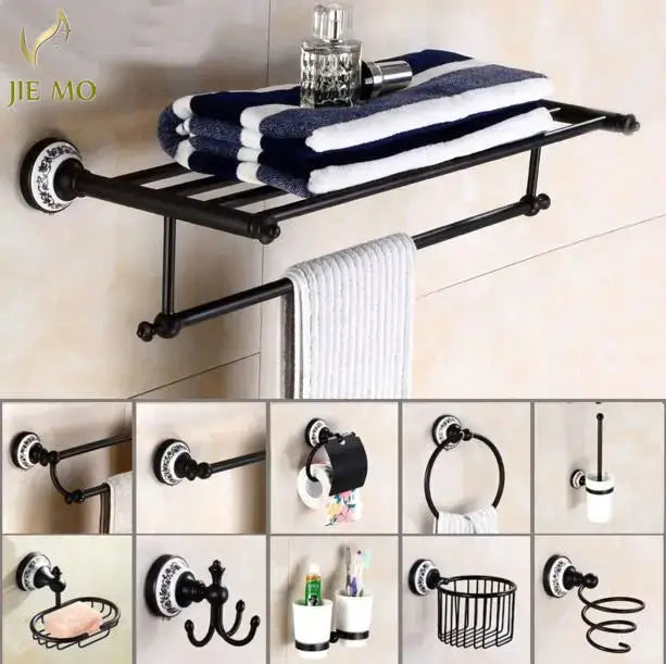 Ornate black & white bathroom accessories set wrought iron towel rack