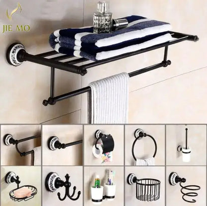 Ornate black & white bathroom accessories set wrought iron towel rack