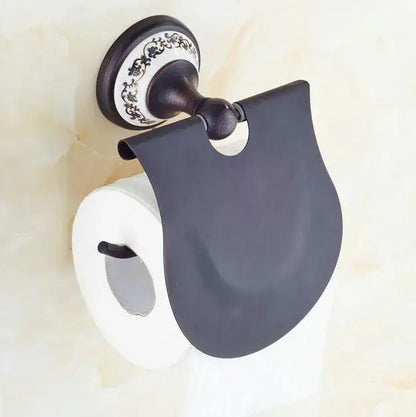Ornate black & white bathroom accessories set wrought iron towel rack