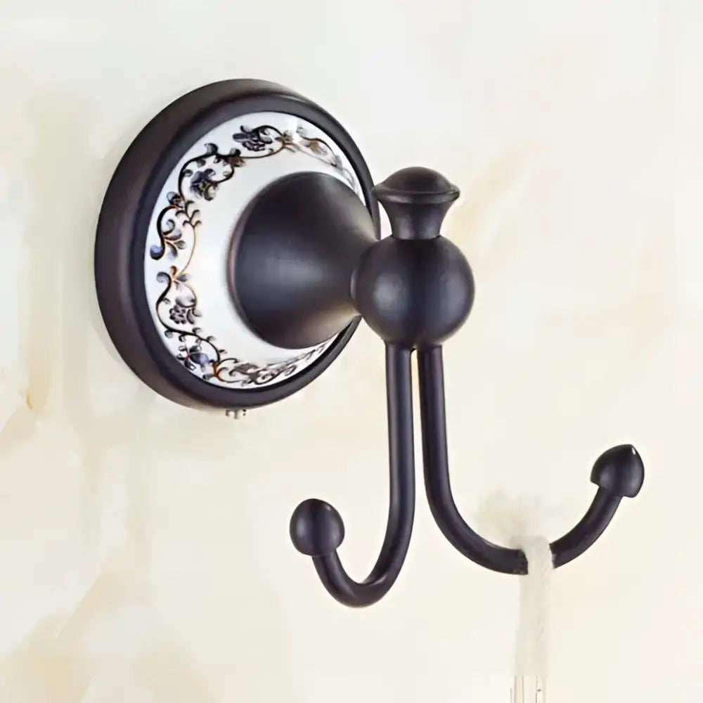 Ornate black & white bathroom accessories set wrought iron towel rack
