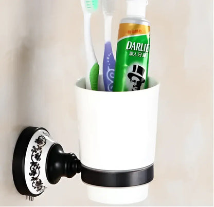 Ornate black & white bathroom accessories set wrought iron towel rack