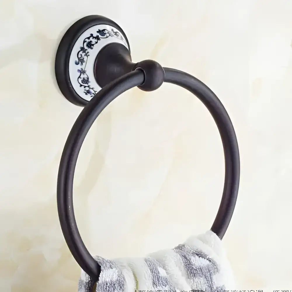 Ornate black & white bathroom accessories set wrought iron towel rack