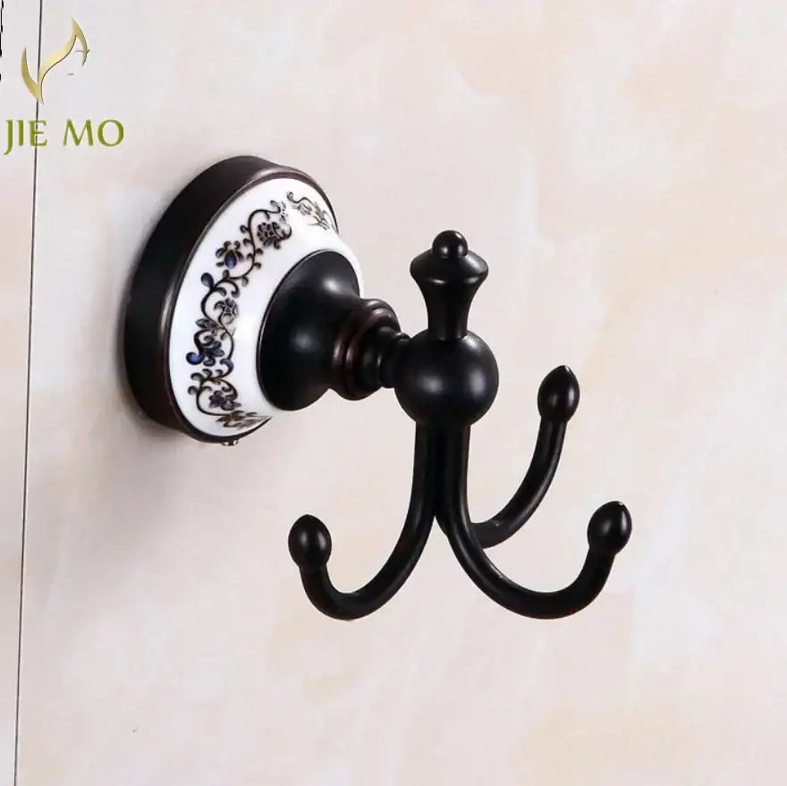 Ornate black & white bathroom accessories set wrought iron towel rack