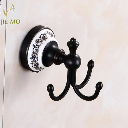 Ornate black & white bathroom accessories set wrought iron towel rack