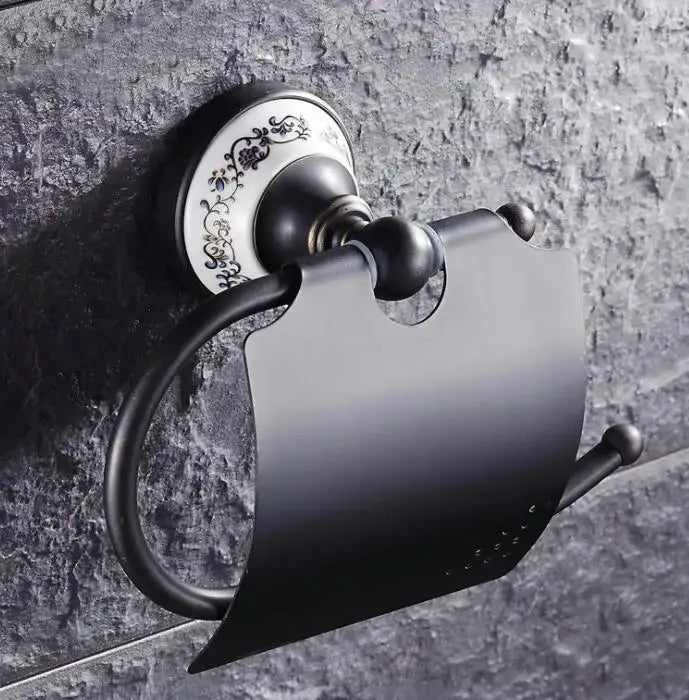 Ornate black & white bathroom accessories set wrought iron towel rack